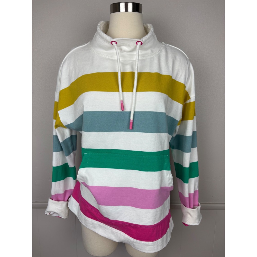 Joules Harlton Multi-Stripe Funnel Neck Sweatshirt Sz 8 Kangaroo Pocket Coastal